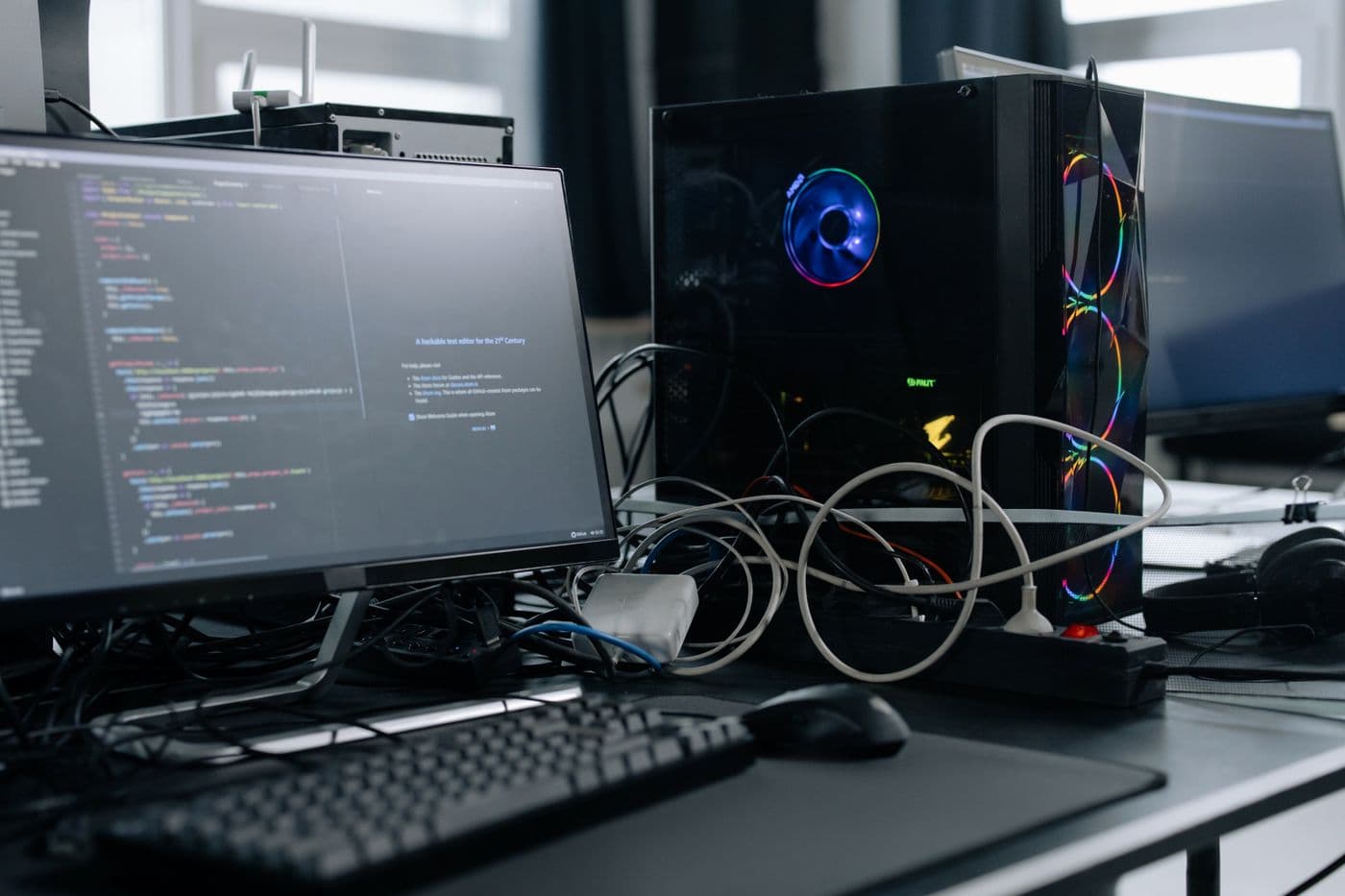 Engineer running desktop software connected to hardware on a workbench