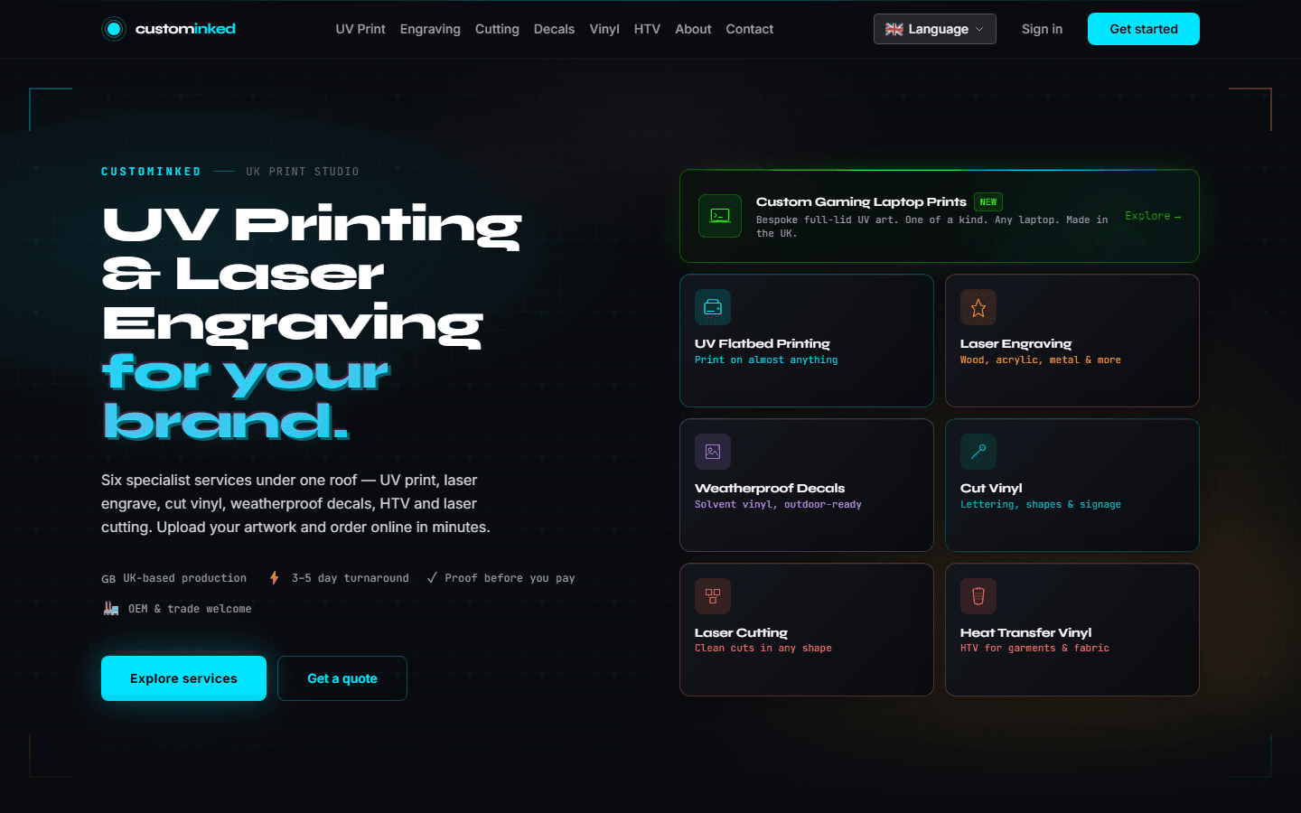 CustomInked UV printing ecommerce site homepage