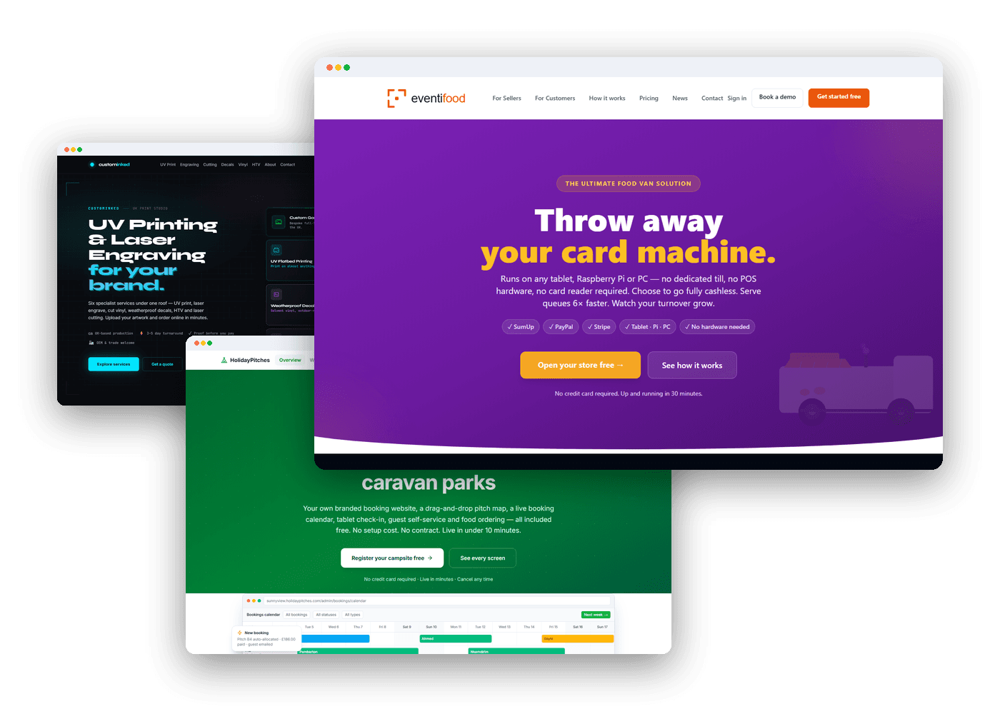 Three platforms built by IISAW — Eventifood, HolidayPitches and CustomInked — shown in browser windows